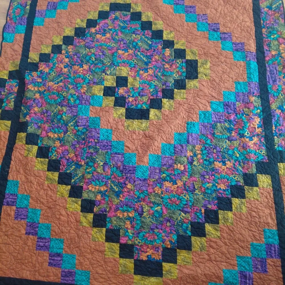 Handmade Spiral Quilt 70x90 Large Art Quilt Bedspread Boho Colorful Blanket